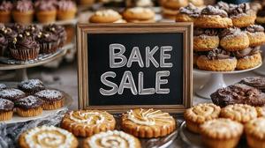 Bakery display with various pastries and a 'Bake Sale' sign.