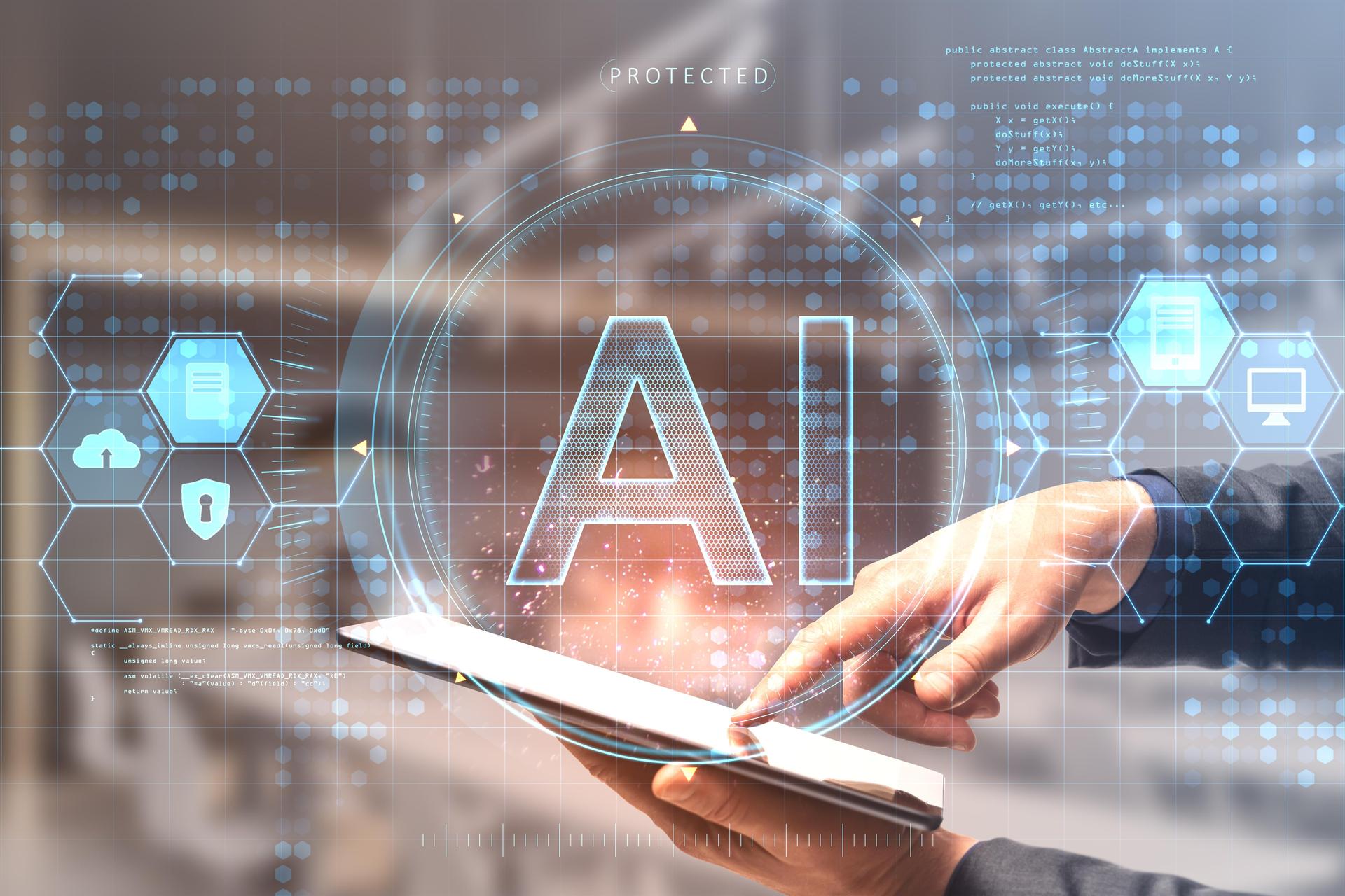 A person is using a tablet in front of a background with AI graphics.