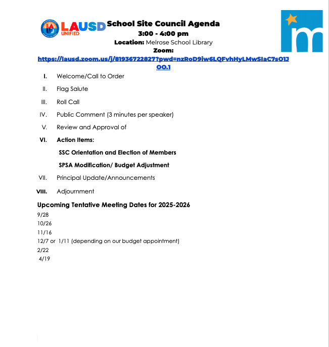 SSC #1 Agenda