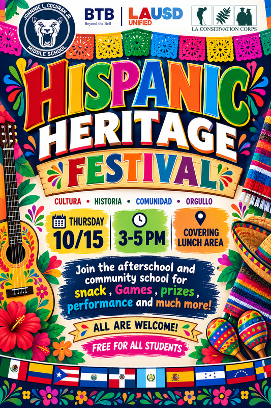 Hispanic Heritage Festival flyer: Thursday 10/15, 3–5 PM, covered lunch area. Free for students.