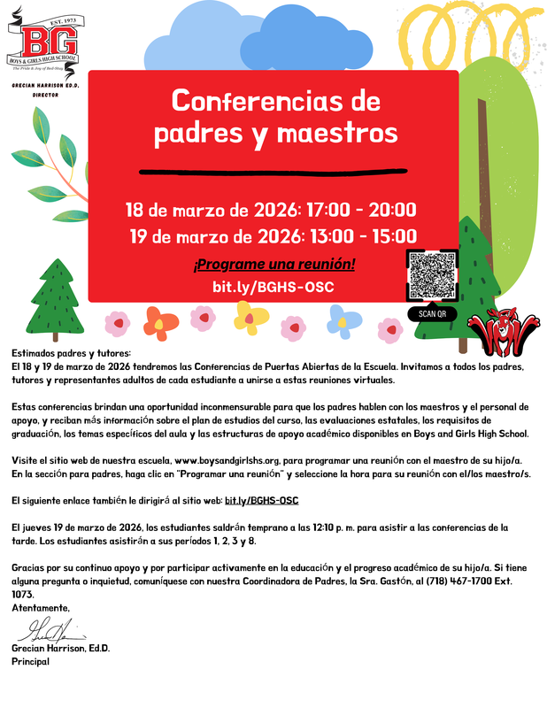 Spanish BGHS Conferences Mar 18-19. Schedule: bit.ly/BGHS-OSC. Mar 19 early dismissal.