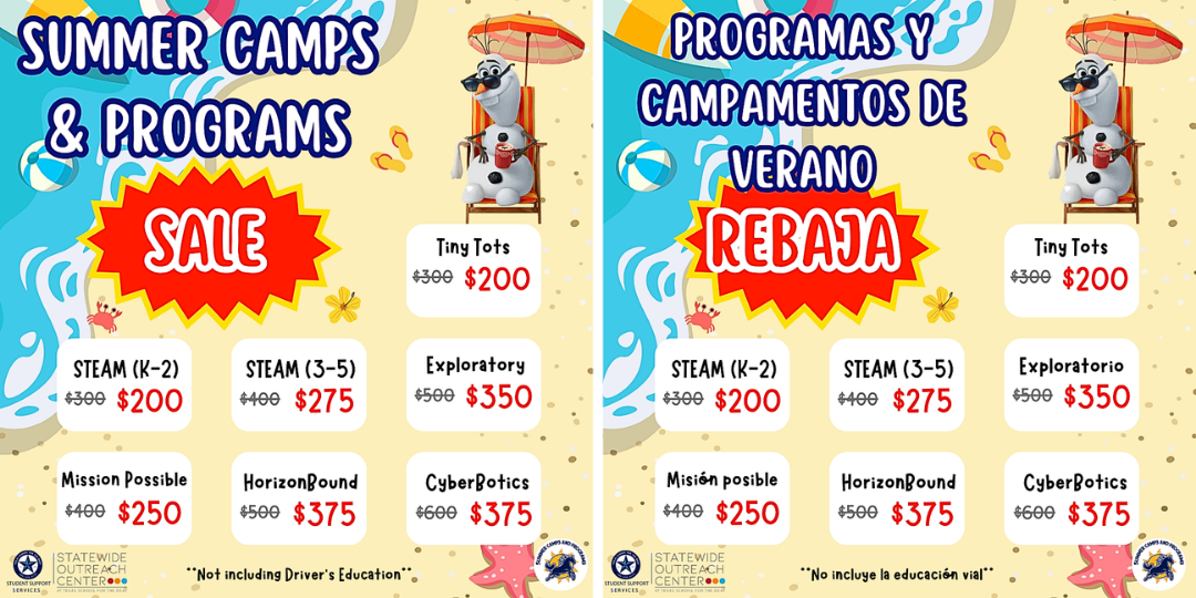 Summer Camps and Programs Sale beach themed flyer with discounted prices.
