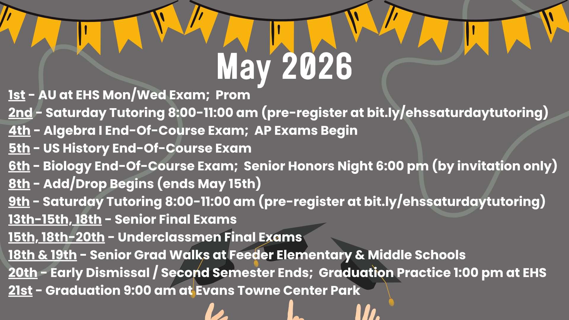 Calendar for May 2026 with exam and event details.