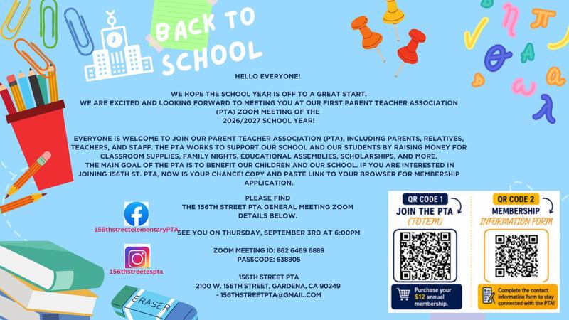 PTA meeting on Thursday, September 3, 2026 at 6 pm via Zoom