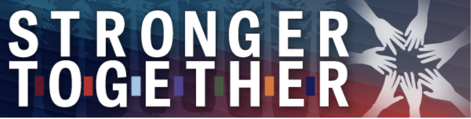 Text graphic with the words 'Stronger Together' and diverse hands forming a star.