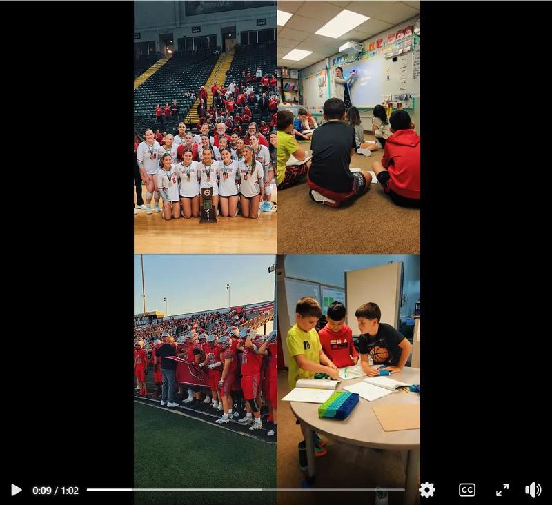 This is a thumbnail image from the video showing four photos - the football team, kids working on math, the volleyball team and
