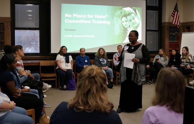 Rhetta Morgan, a facilitator for the Anti-Defamation’s “No Place for Hate” Program, provides a training session on Nov. 27 for an advisory committee of WHS students, staff and parents.