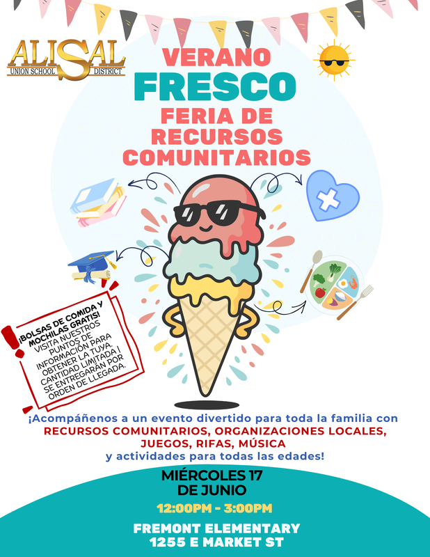 Flier with a ice cream cone promoting the resource fair in Spanish