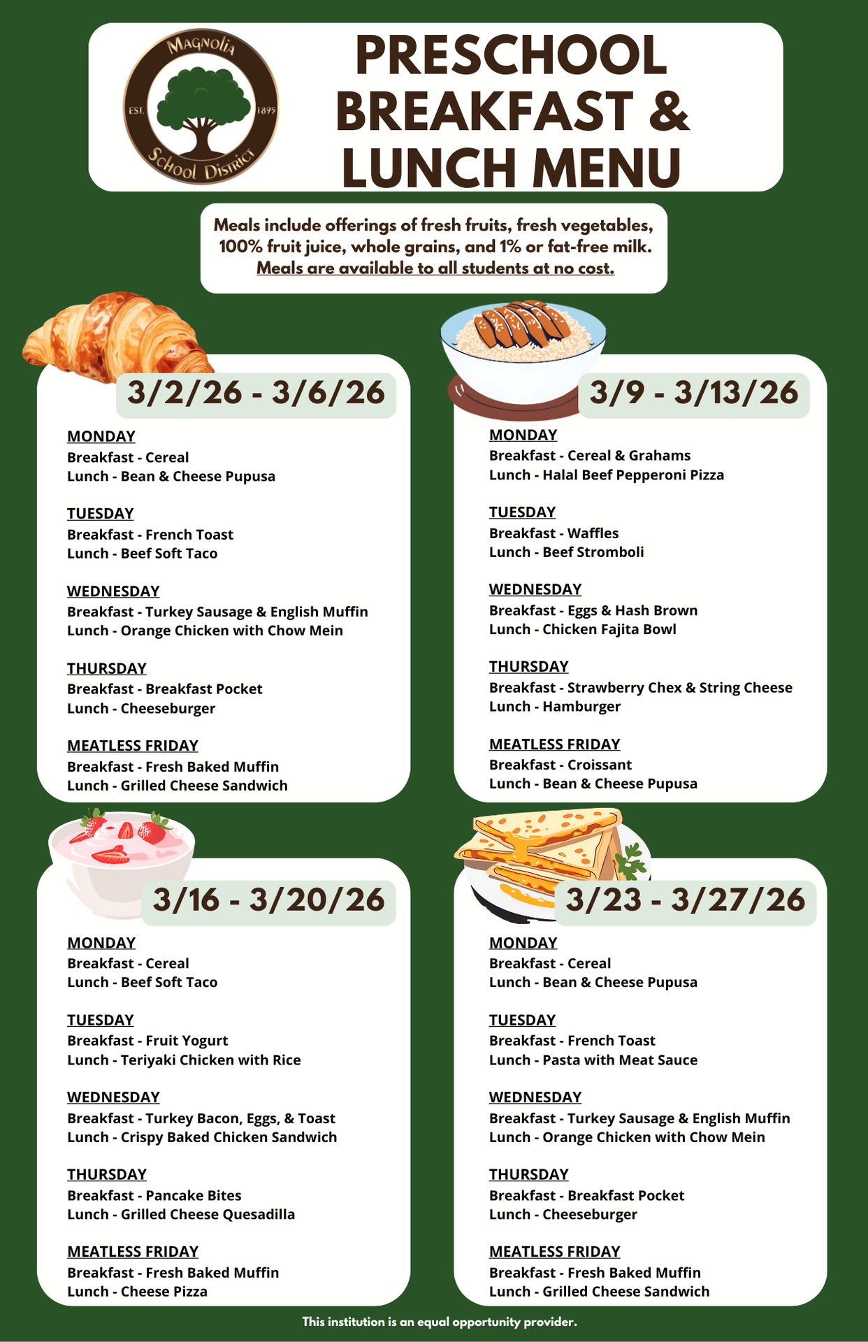 Preschool Breakfast and Lunch Menu for March 2026