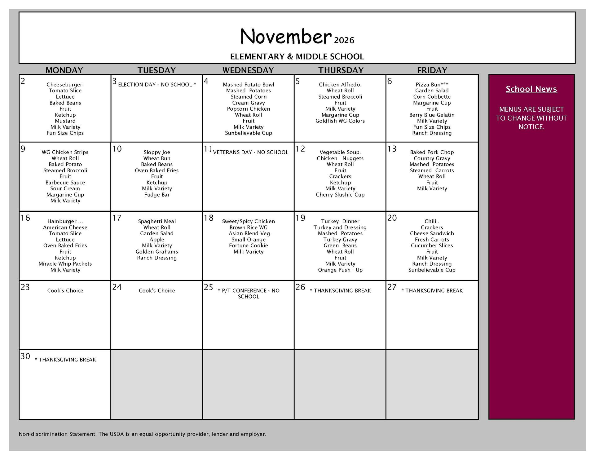November Lunch Menu Grades PK-8