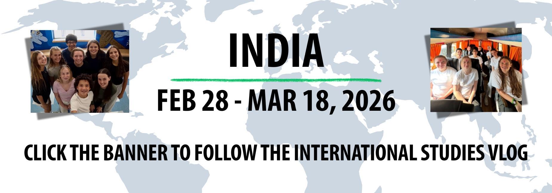 A promotional banner for an International Studies vlog featuring dates and photos of participants.