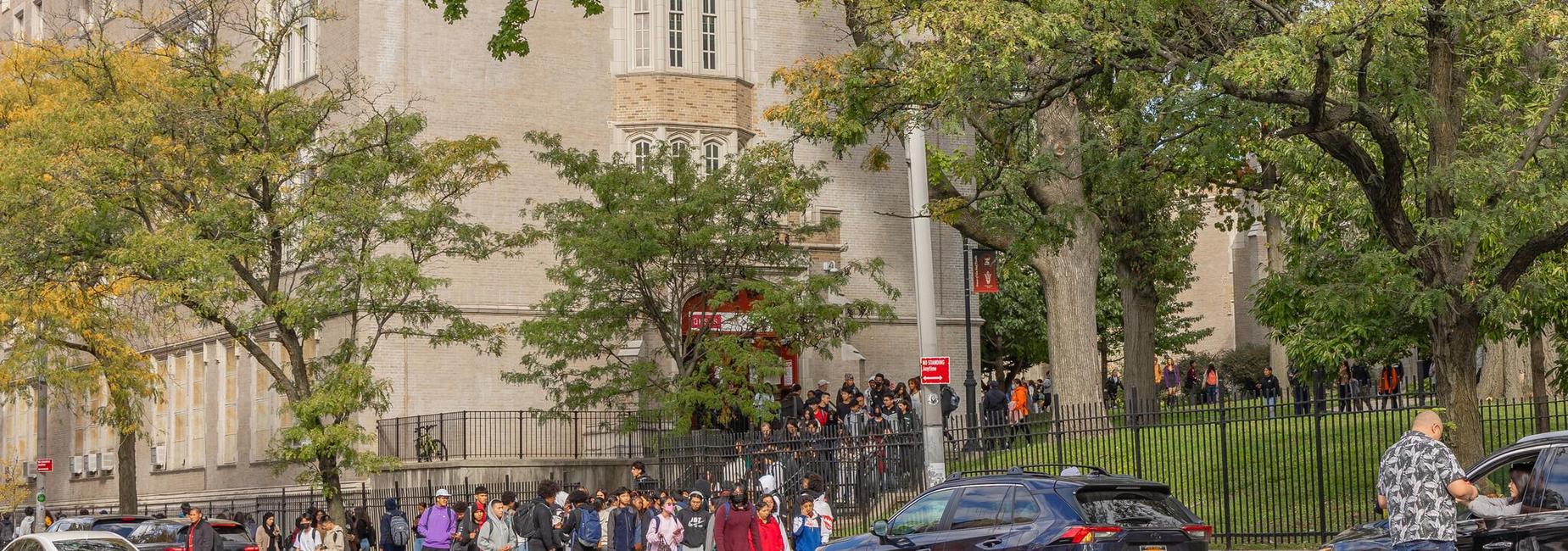 Students walking in courtyard of school