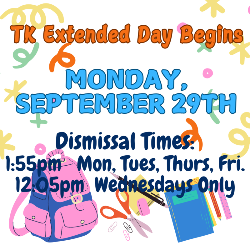 TK Extended Day starts - Monday, September 29th Thumbnail Image
