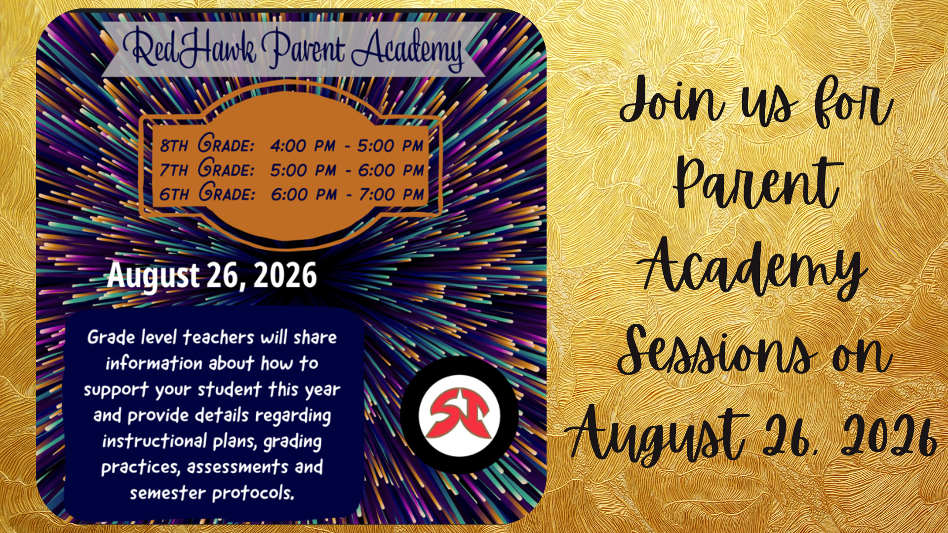 Event flyer for RedHawk Parent Academy on August 26, 2026, with session timings.