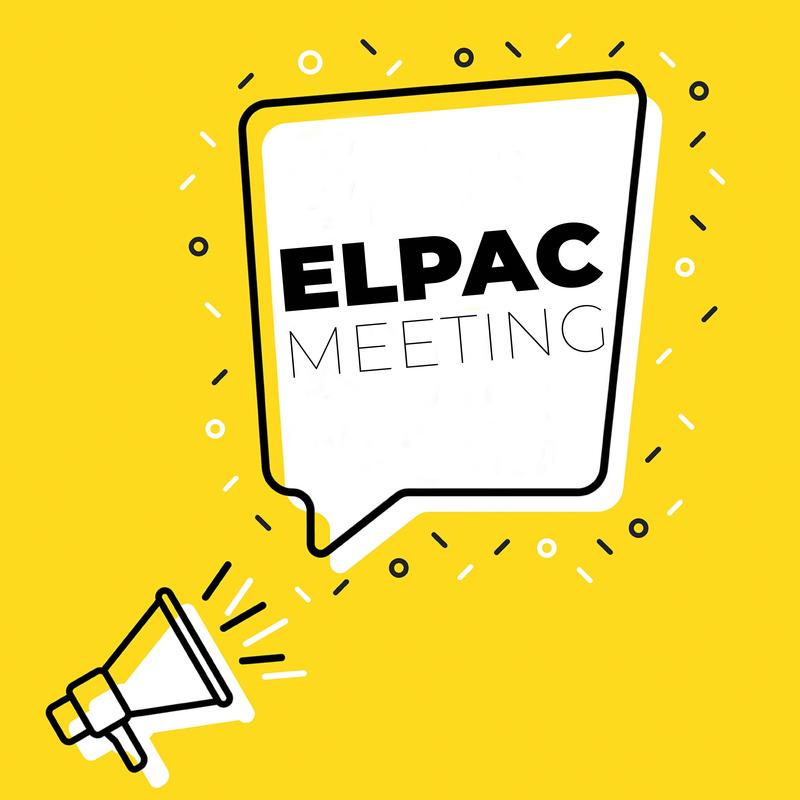 Yellow background with a speech bubble announcing 'ELPAC MEETING' and a megaphone.