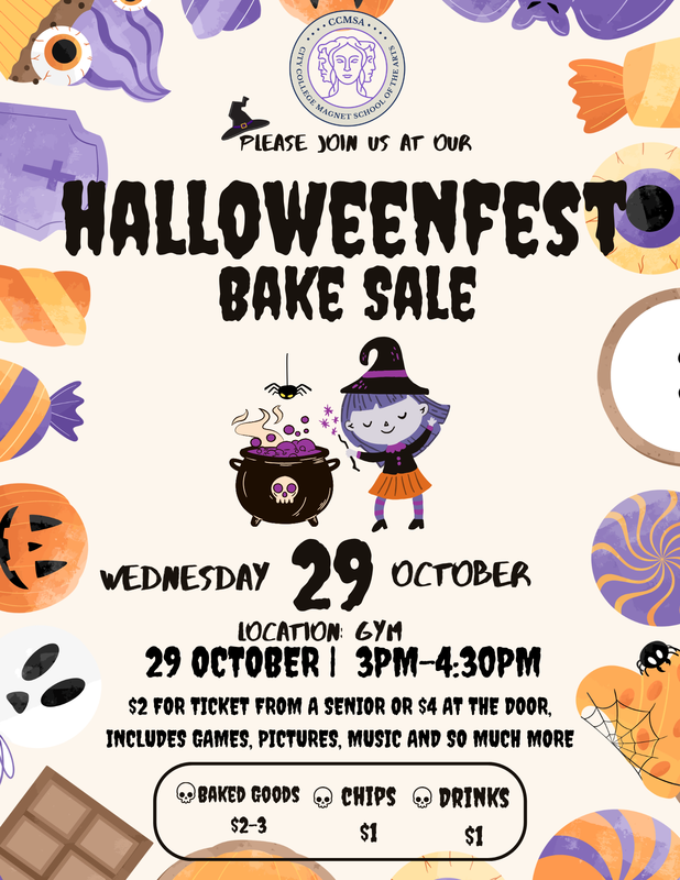 Flyer announcing the HalloweenFest Bake Sale on October 29th with ticket prices, times, and available snacks.