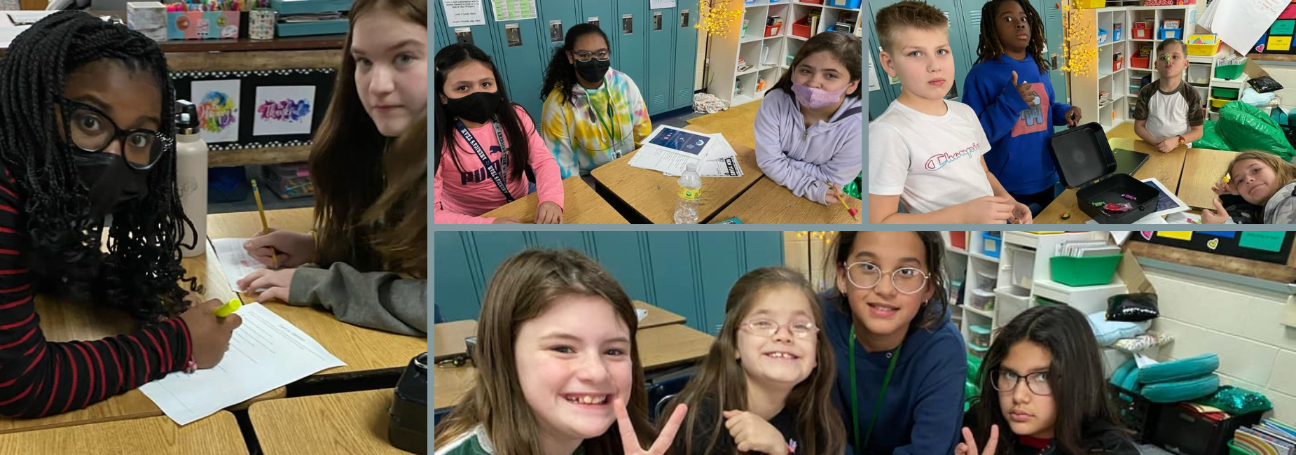 collage of elementary students busy in class