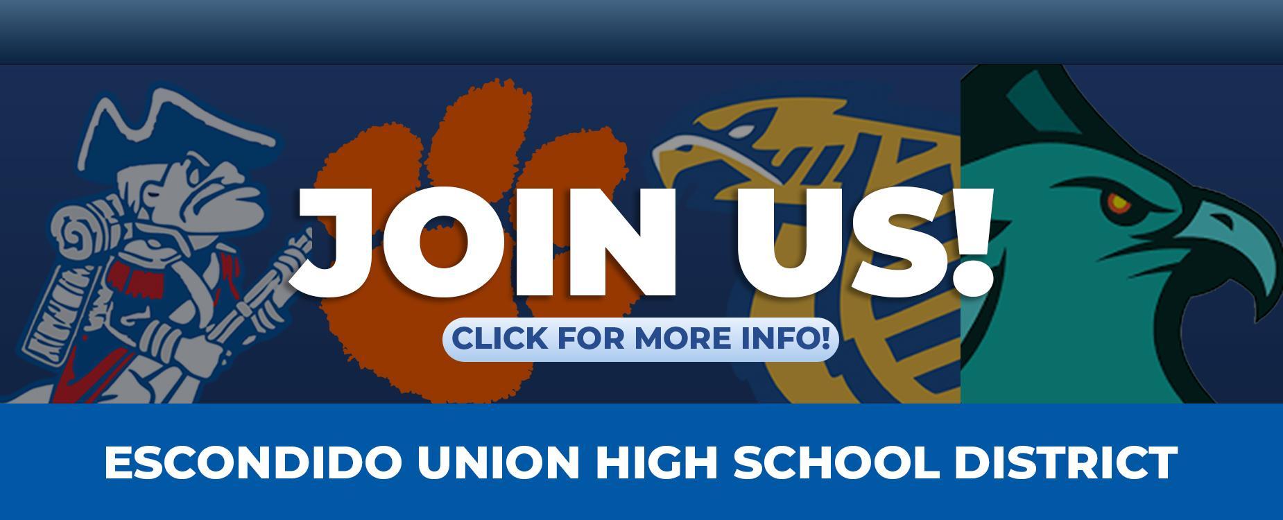 Graphic promoting Escondido Union High School District with mascots and call to action.