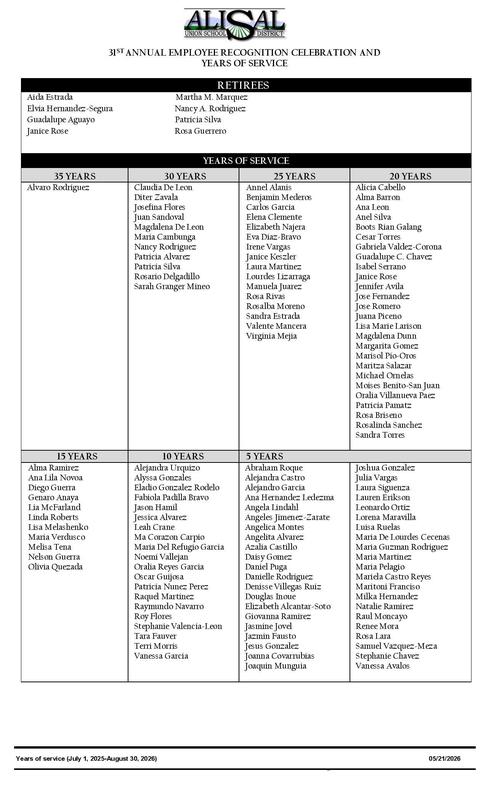 List of retiring employees and celebrating years of service