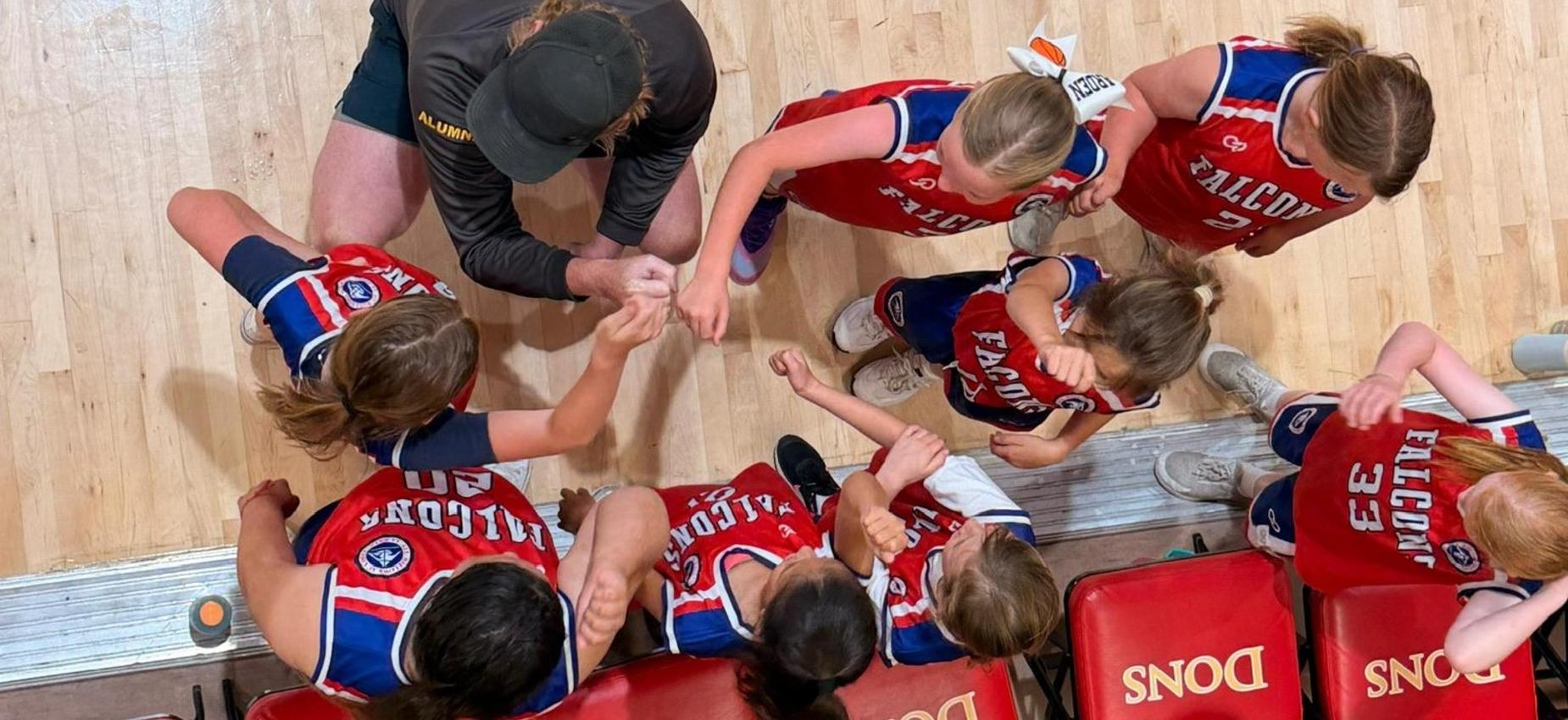 aerial shot of team huddle of girls basketball team