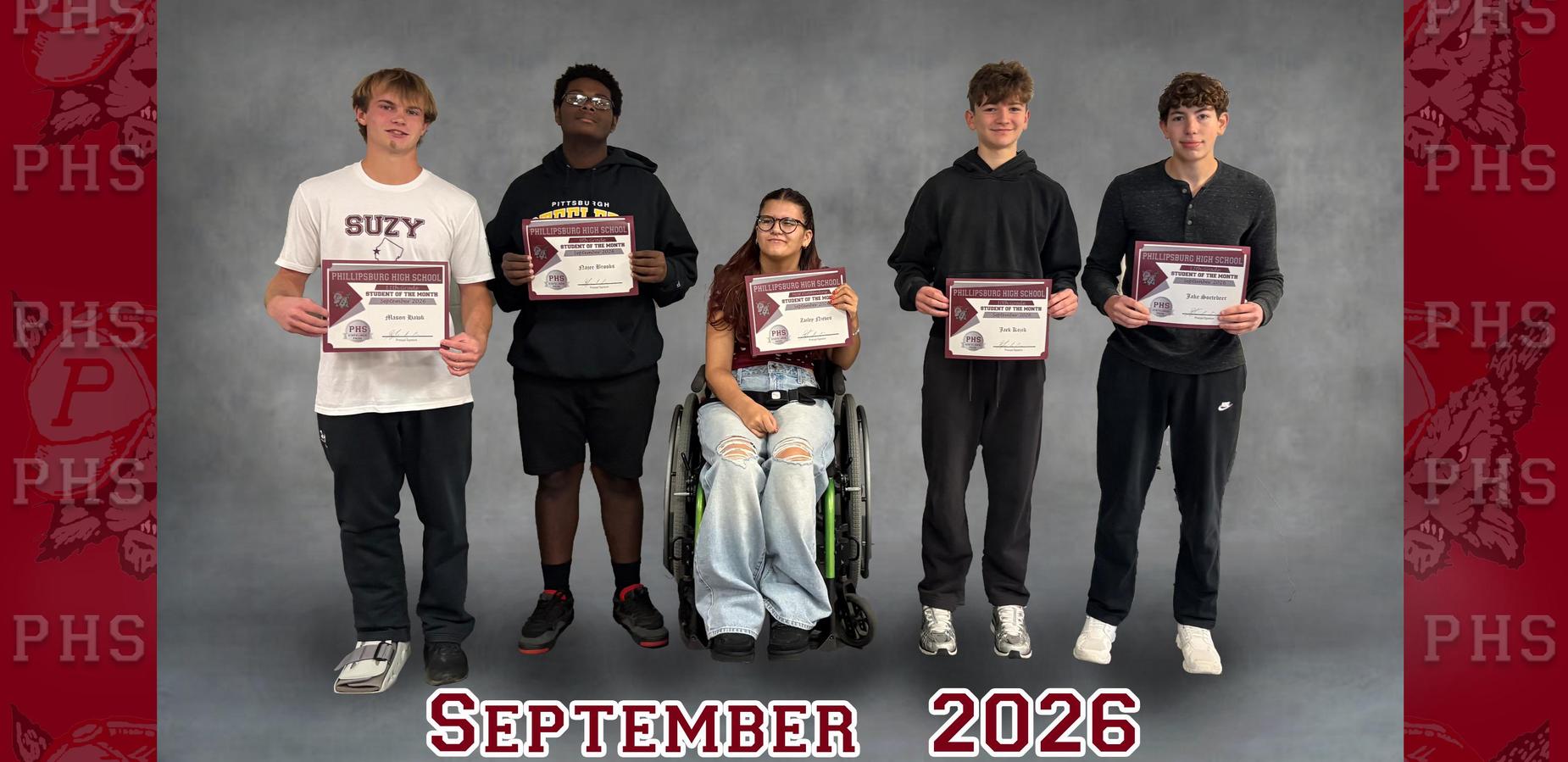 Five students holding certificates, posing in front of a gray backdrop with the month and year.