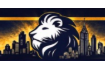 Lion image in front of the NYC skyline.  Colors are blue and yellow.