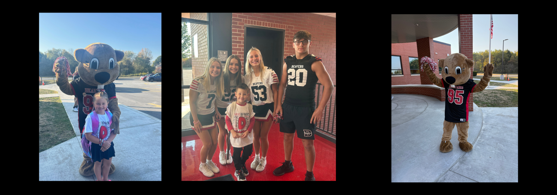 Collage of a mascot with children, cheerleaders, and a football player by the school entrance.