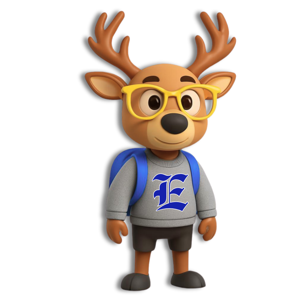3D Elk Graphic with yellow glasses a blue bookbag and the Elkin "E" on his sweater.