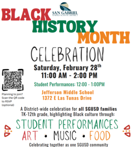 Black history month flyer in with red, green and orange lettering plus a QR code to RSVP