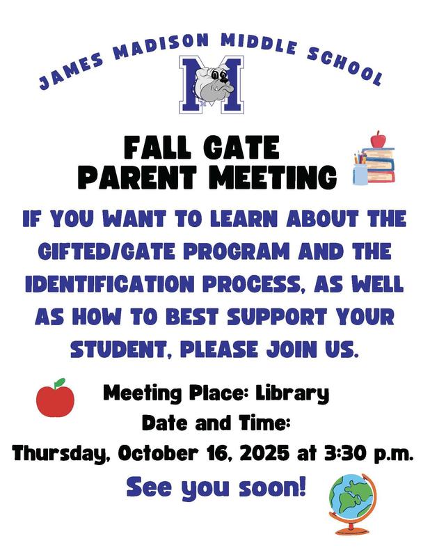 If you want to learn about the Gifted/GATE program and the identification process as well as how to best support your student, please join us at the Library. (Click on title "Annual Fall GATE Parent Meeting," for Spanish or Armenian information)