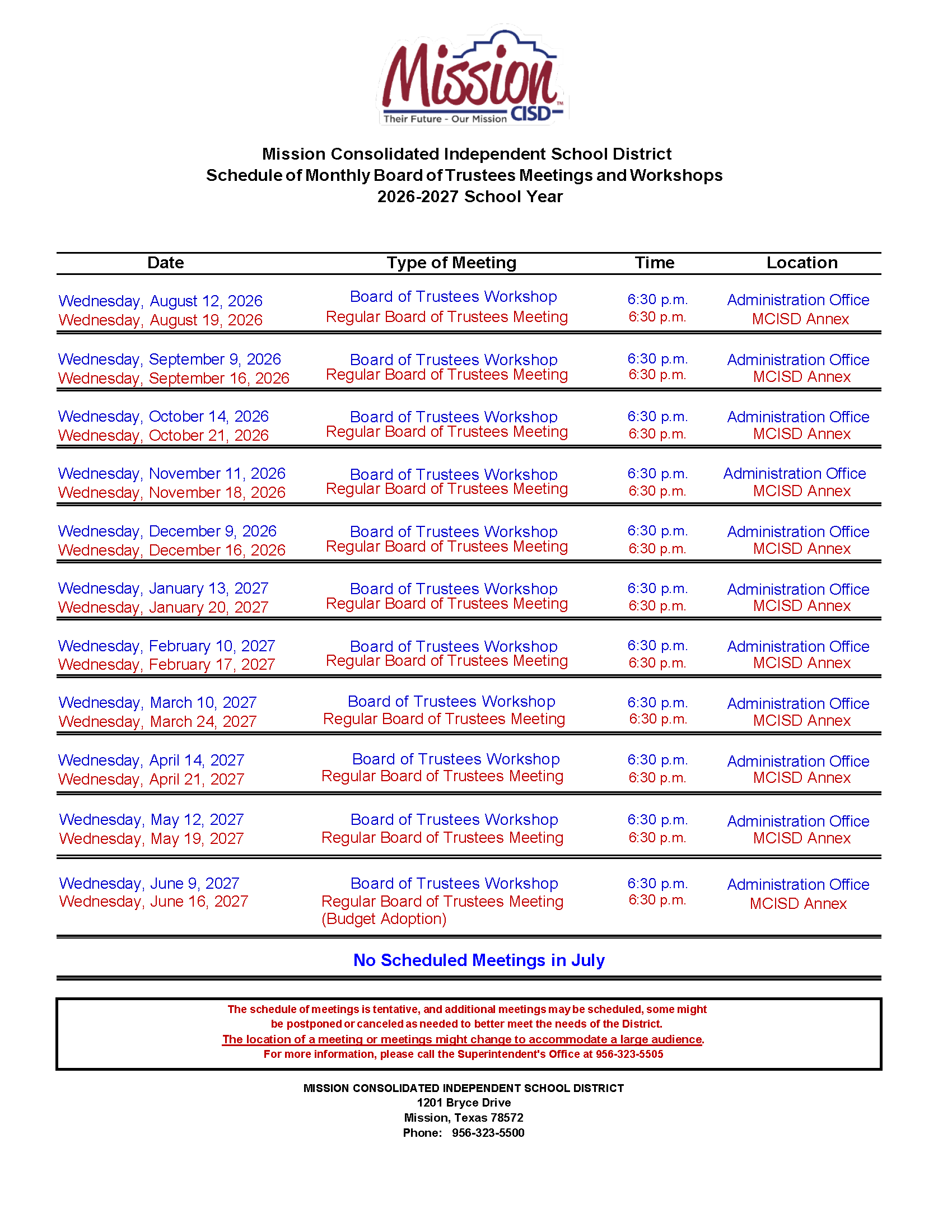 Meeting Schedule