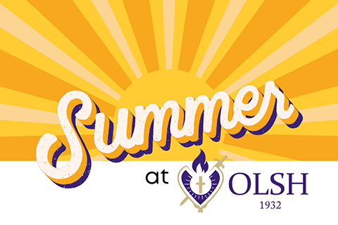 yellow and orange diagonal stripes with script text Summer at and OLSH logo