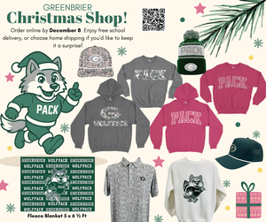 Promotional holiday shop graphic featuring clothing items and a wolf mascot.