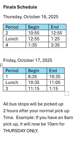 October Finals Schedule