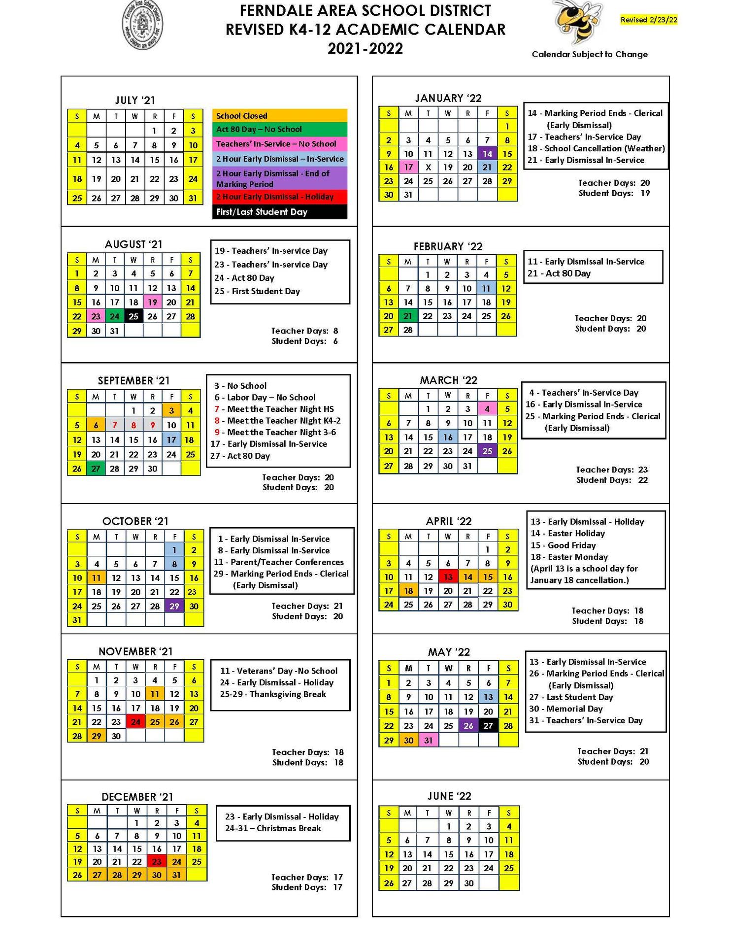 Dartmouth Academic Calendar 2023 Academic Calendar – District – Ferndale Area Sd