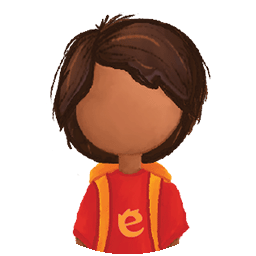 Cartoon character with brown hair wearing a red shirt and yellow backpack.