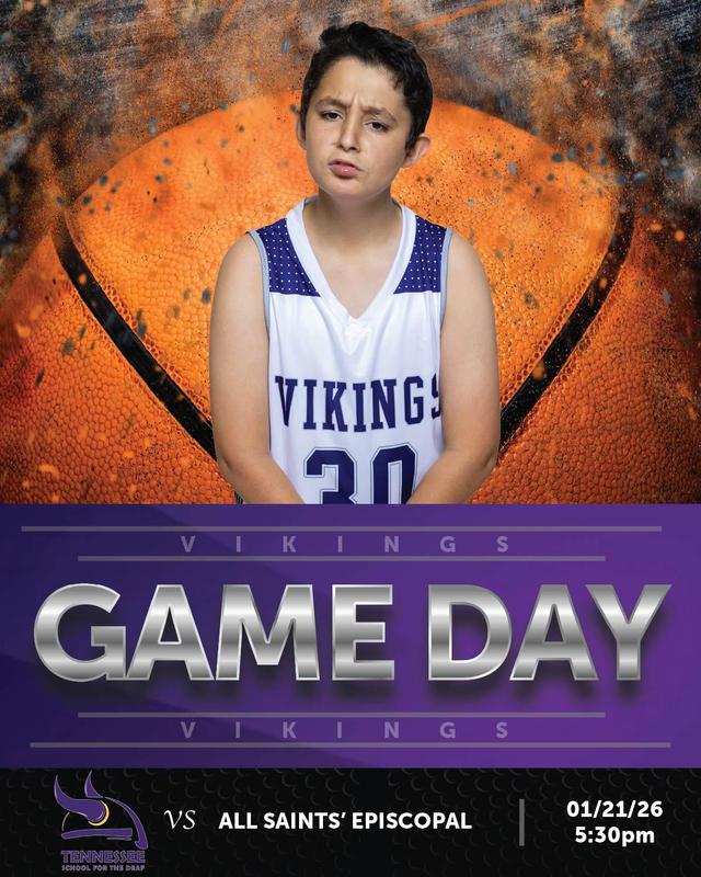 A young boy in a basketball jersey stands against a basketball background with game day text.