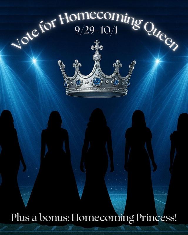 Blue background, spotlights on 5  girls in dresses with crown hovering above