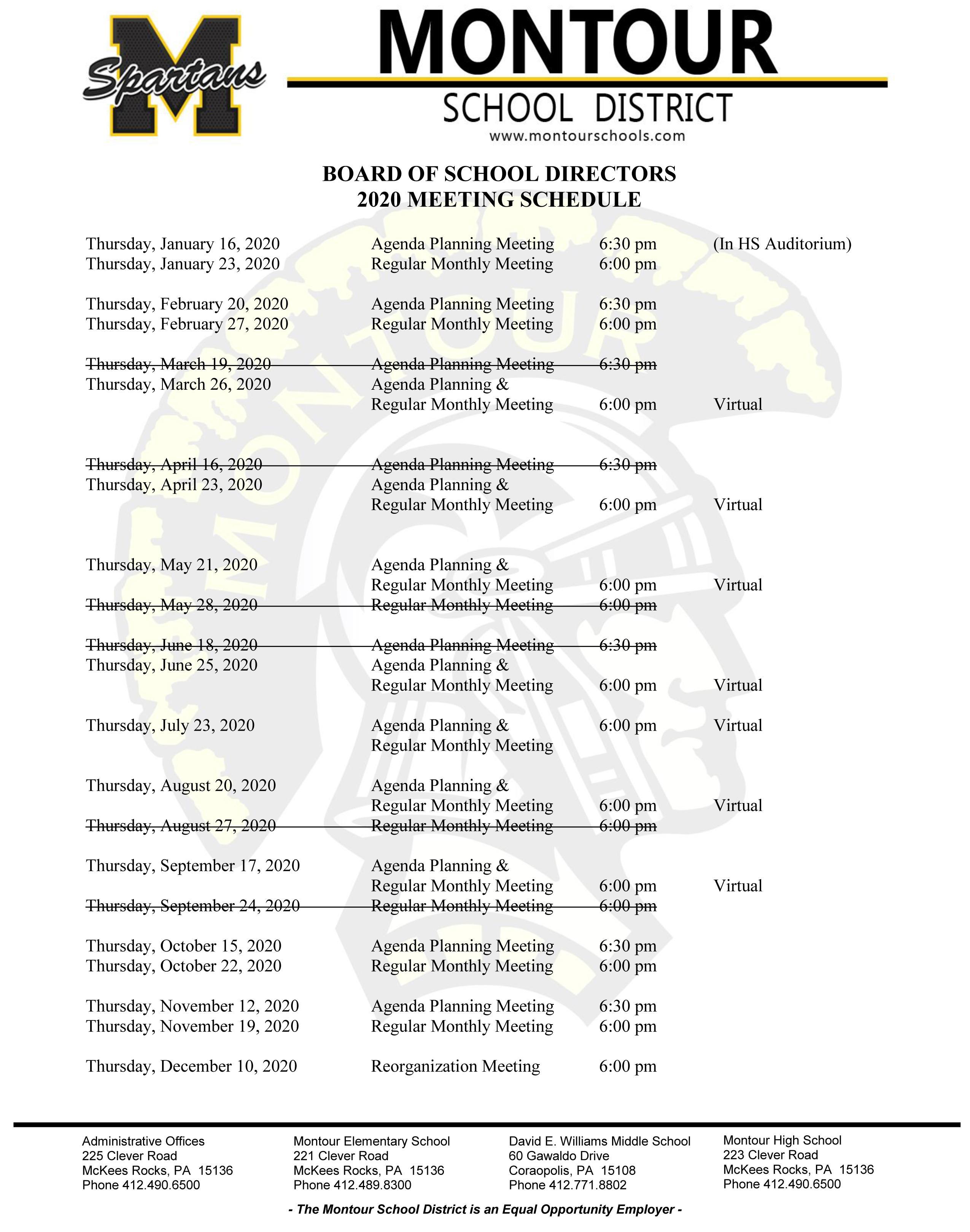 Meeting Schedule School Board Montour School District