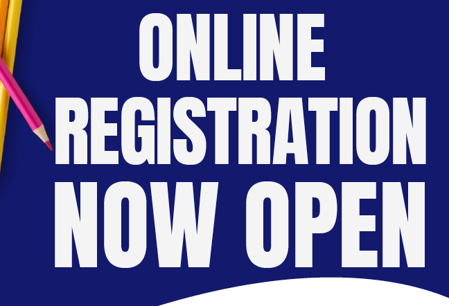 Online Registration Now Open on blue background