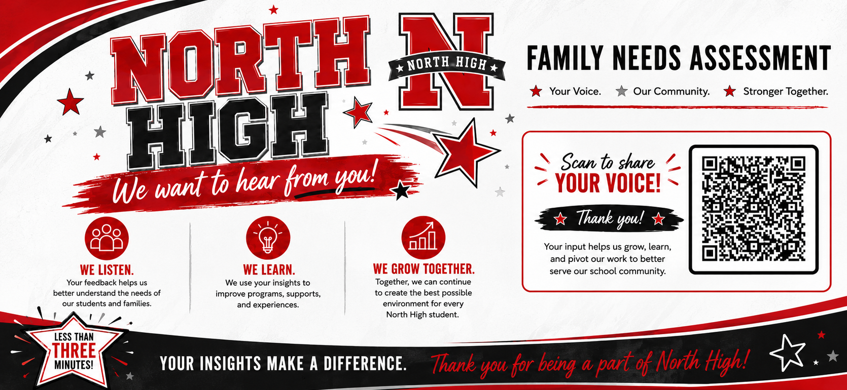 Banner for North High, promoting family needs assessment with stars and a QR code.