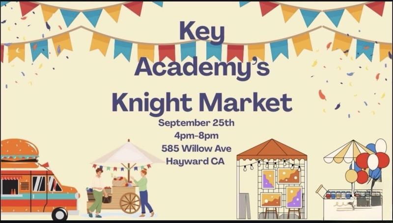 Event announcement for Key Academy's Knight Market with colorful decorations.