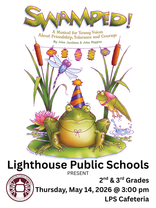 A colorful children’s musical poster featuring frogs, pond animals, and a fun swamp-themed design for a school performance.