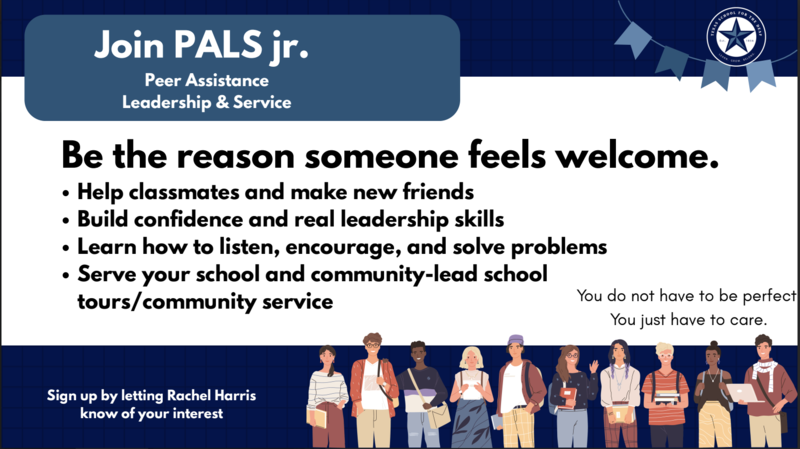 Promotional graphic for PALS jr. highlighting peer assistance and service opportunities.