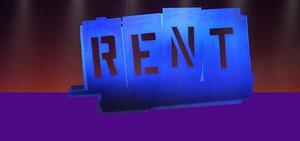 Image of graphic for Broadway show, RENT, on a red and purple background.