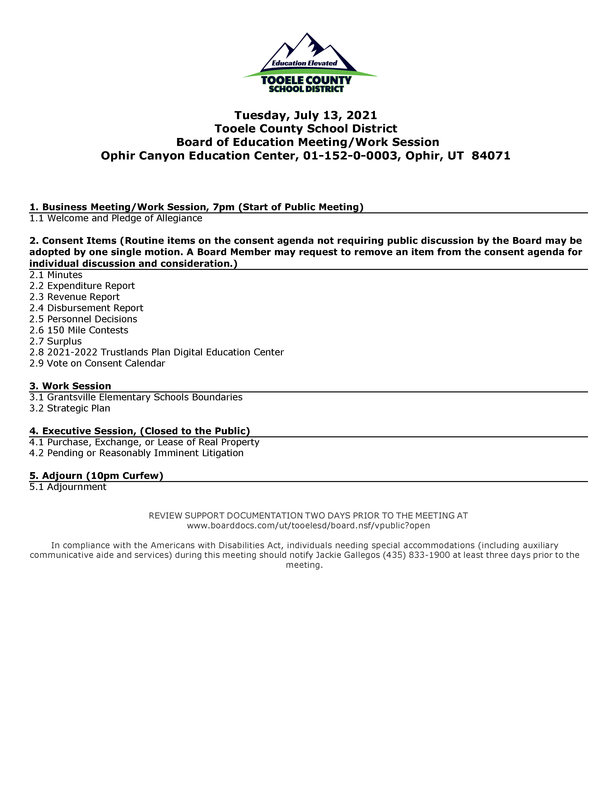 Board of Education Meeting - July 13, 2021 Thumbnail Image