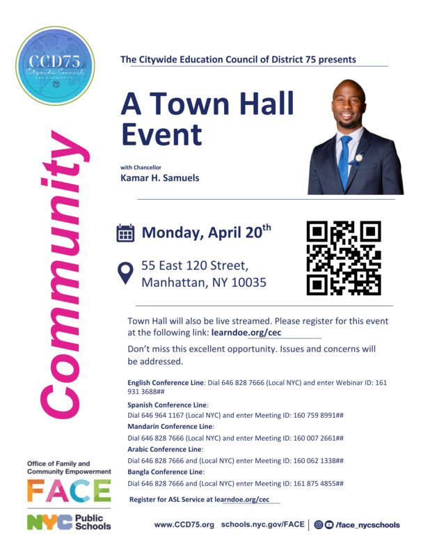 Flyer containing information for event with NYC Chancellor - English