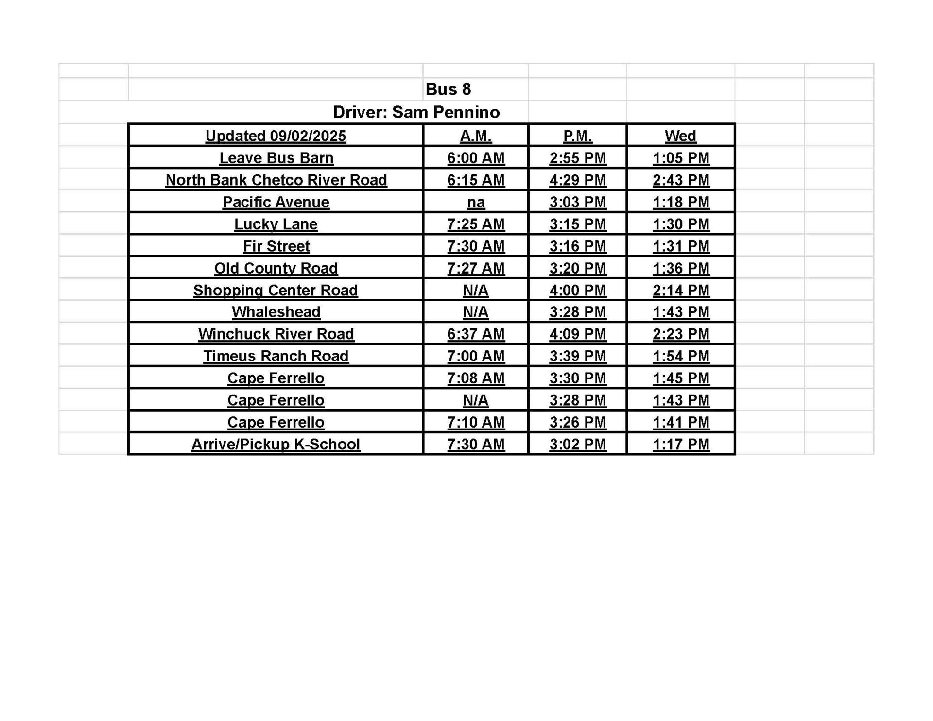 updated schedule as of 9 5 2025