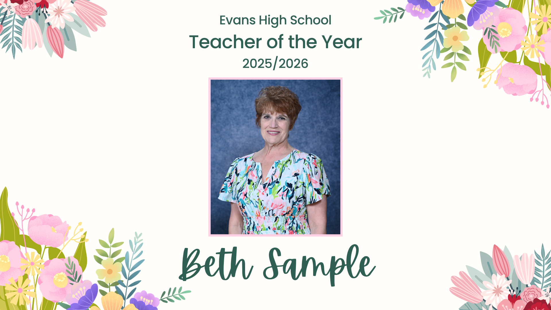 A woman with short brown hair wearing a floral dress, surrounded by flowers and text.