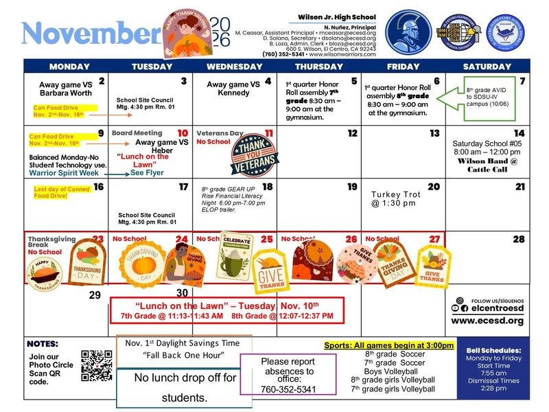 Wilson Jr. High School November 2026 Calendar Featured Photo